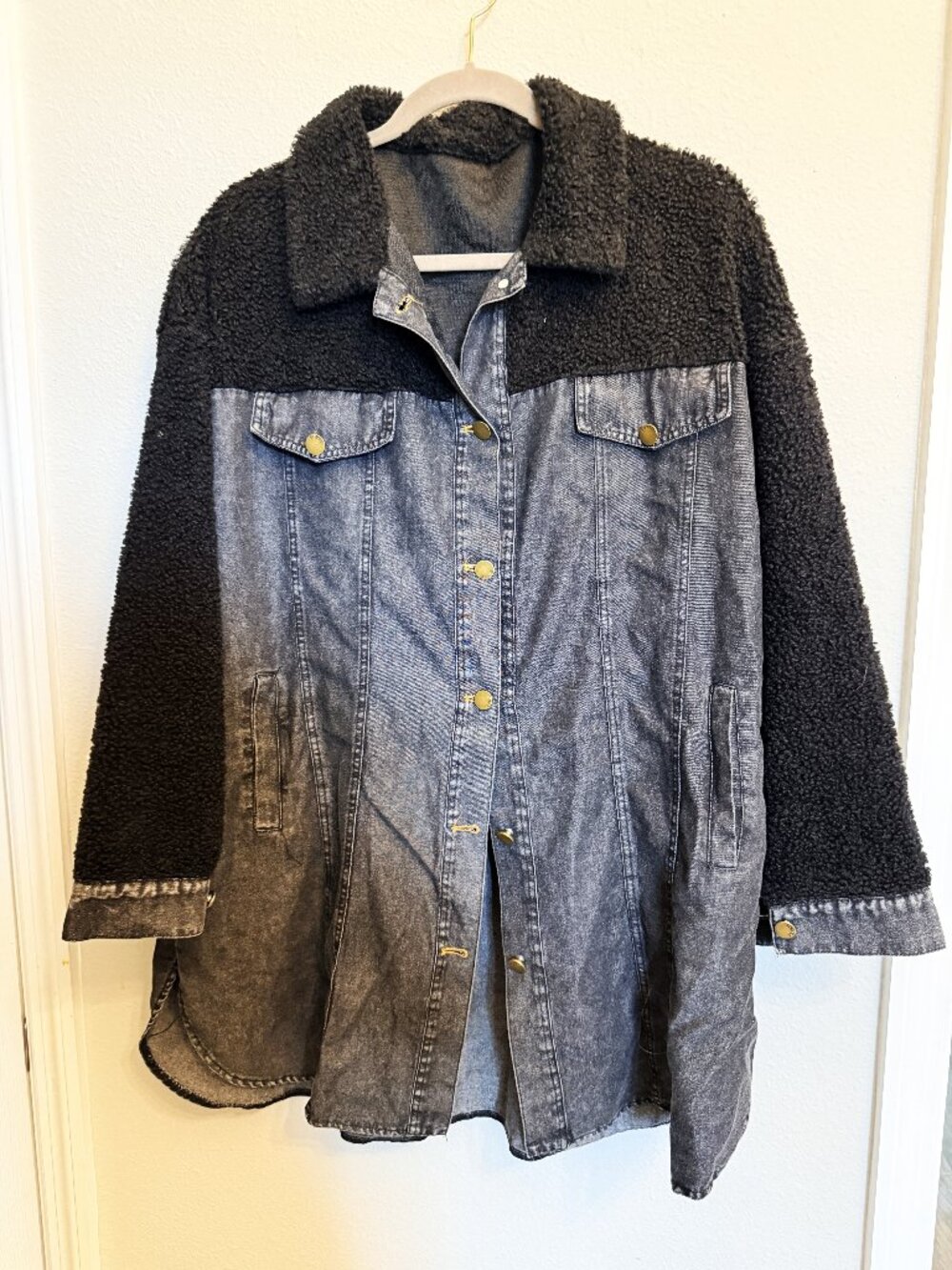 Denim and Black Curly Faux Furish Jacket-XL